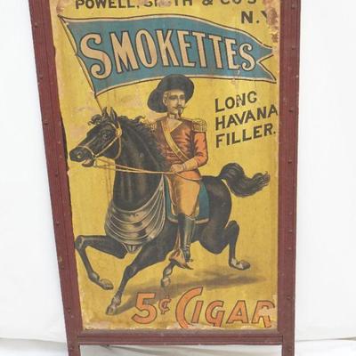 Late 19th, Early 20th c. Original Powell, Smith & Co. Smokettes Cigars General Store Signage. Long Havana Filler. 