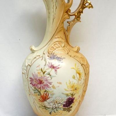 Antique Austrian Robert Hanke Hand Painted Large Ewer Beautifully decorated and hand painted vase features various color chrysanthemums...