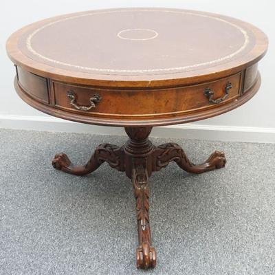 20th c. Leather Top Mahogany Claw Foot Pedestal Table By Southampton.