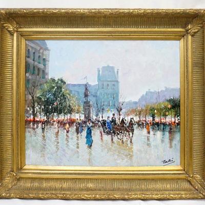 Oil on Canvas "Le Caleche, Place Des Pyramides by Dominick Tortes (Neapolitan, 1938-2012). The view from the square features the...