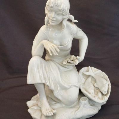 Dresden Figural White Porcelain, Woman with basket of fish. 