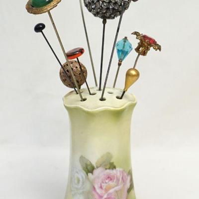10 ANTIQUE HAT PINS + HOLDER
