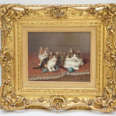 Antique Oil on Board by Jules Gustave LeRoy Jr.(French, 1856-1921). Mother cat and her two mischievous kittens on a persian carpet with...