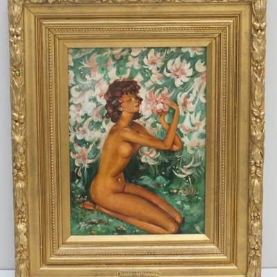 Jean Gabriel Domergue (1889-1962) Oil on Canvas Nude with Pink and White Lilies. Signed Jean Gabriel Domergue lower left. In ornate...