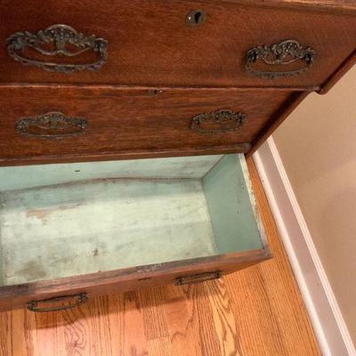 Vintage 3 drawer Oak Secretary with glass pull cabinet, hand carved scrolling.      