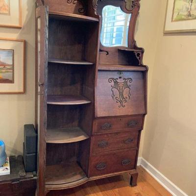 Vintage 3 drawer Oak Secretary with glass pull cabinet, hand carved scrolling.      