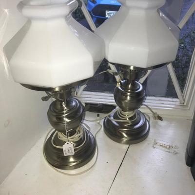 Pewter Lamps - milk glass shades