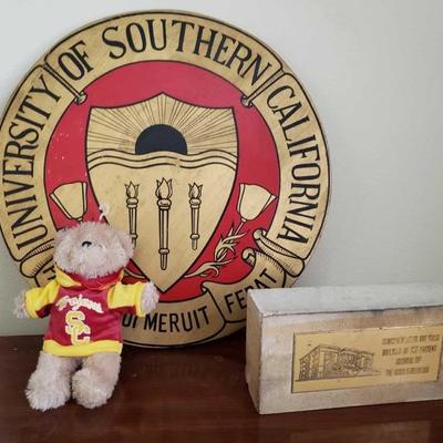 907-USC Sign and Bear with Commemorative Brick from Hospital of the Good Samaritan
USC sign measures approximately 16