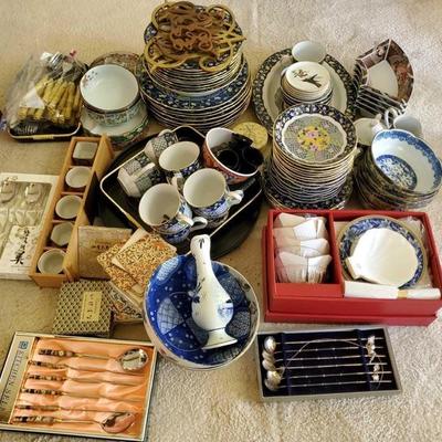 581: Large China and Asian Style Dish Set, Utensils, Coasters, and Decor Monograms
Large China and Asian Style Dish Set, Utensils,...