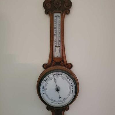 708: Vintage Wood & Glass Aneroid Barometer and Thermometer