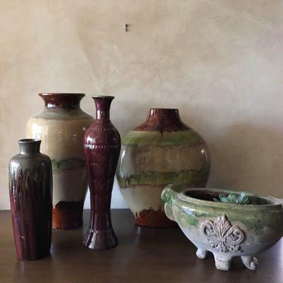 Four Collectible Vases & Faux Cactus Planter