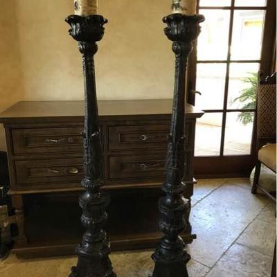 Wooden and Metal Coated Tall Candlesticks