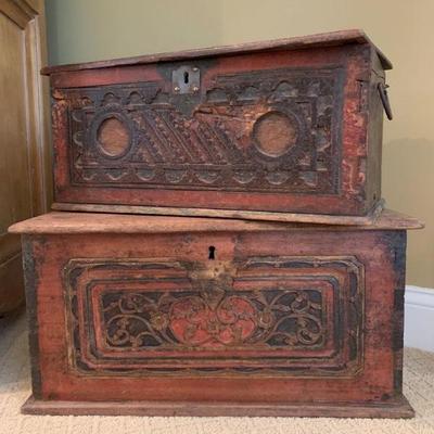 Antique Burned Wooden Chests 