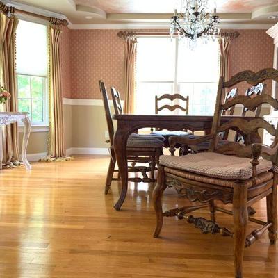 Fremarc Dinning Room Set, Six Carved Frame Rush Seat Chairs, Sideboard and Hutch