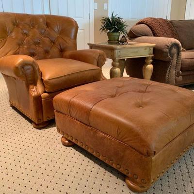 Ralph Lauren Tufted Back Leather Club Chair with Ottoman 