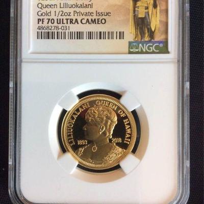 KFC037 Gold 2018 1/2 oz  Queen Liliuokalani Coin, NGC PF70 