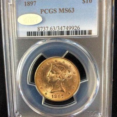 KFC023 US Mint 1897 $10 Gold Coin, PCGS MS63