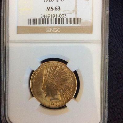 KFC025 US Mint 1926 $10 Gold Coin, Indian, NGC MS63