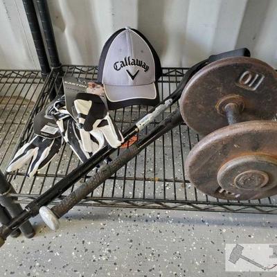 Baseball gloves, golf hat, Baseball bat, cane and 20lb weight
Baseball gloves, golf hat, Baseball bat, cane and 20lb weight