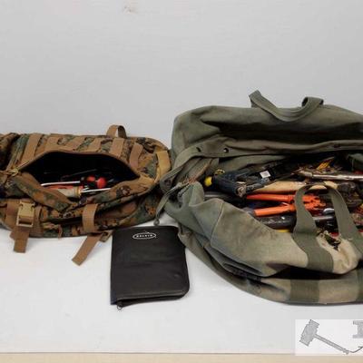 Camo BackPack and OD Green Military Bag w/ Misc. Tools
Camo BackPack and OD Green Military Bag w/ Misc. Tools. Brands include craftsman,...