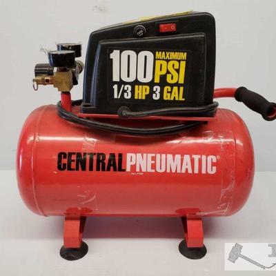 Central Pneumatic 3Gal 1/3Hp Air Compressor
Central Pneumatic 3Gal 1/3Hp Air Compressor. 100psi Maximum, fold away carry handle...