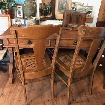 Desk/hall table $125
Side chairs $22 each
2 available with good cane
1 available with broken cane seat