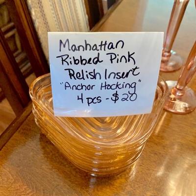 Anchor Hocking Manhattan Ribbed Pink Relish Insert