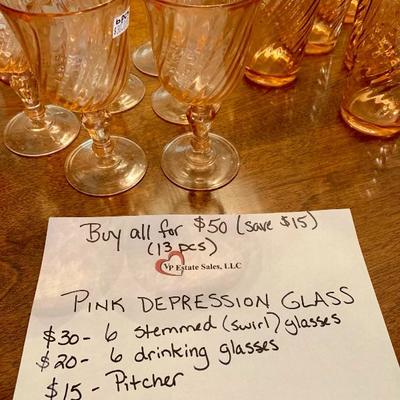 Pink Depression Glass - Stemware, Drinking glasses, Pitcher