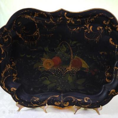 Antique 19th C. French Victorian Hand Painted Birds Tole Metal Toleware Tray