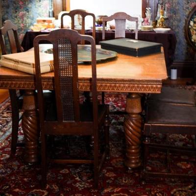 Antique oak victorian square dining table with  five leaves