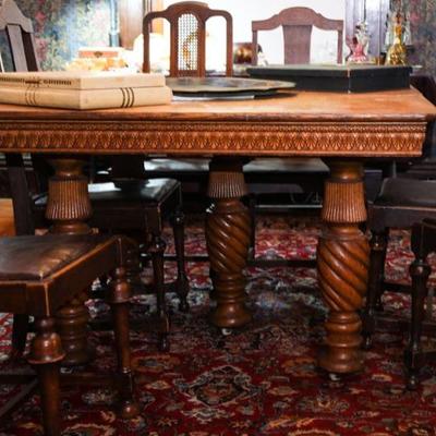 Antique oak victorian square dining table with  five leaves