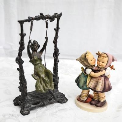 Art Nouveau Style Bronze Girl On A Swing Signed and  HUMMEL TELLING HER SECRET  1948 GIRLS WHISPERING GOEBEL FIGURINE