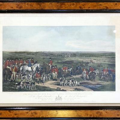 19th c. English Fox Hunt Hand-colored Engraving THE MEETING OF HER MAJESTY'S STAG HOUNDS ON ASCOT HEATH After Francis Grant