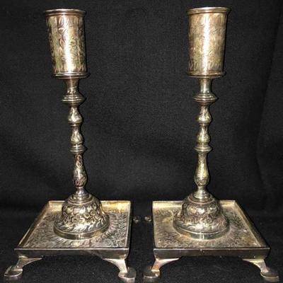 Pair of Antique Decorated Indian Silver Candle Sticks  