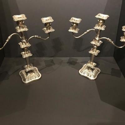 Pair of Heavy Antique English Victorian Era Silver Three-Light Candelabras  
