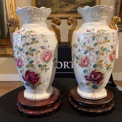 Antique English Ceramic Urns with Floral Design