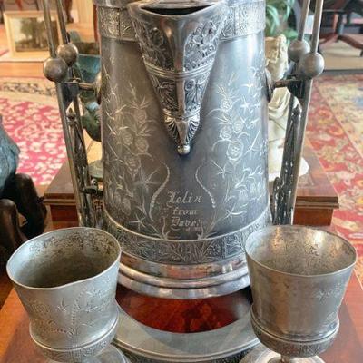 19th c. Silver Tilting Beverage Pitcher in Stand with Drip Tray & Goblets  