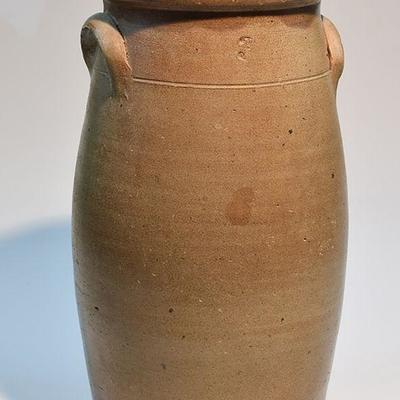 Antique STONEWARE THREE GALLON CHURN Flared Ovoid Applied Handles Tooled Shoulder Glazed Interior 15 Inches Tall Homestead Pottery...