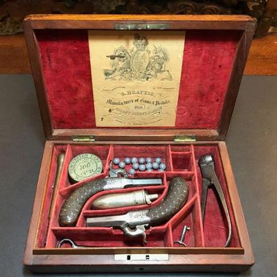 Matched Pair of J. Beattie Percussion Pistols in Original Case  