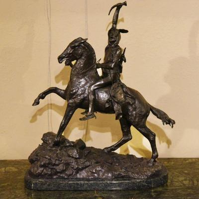 Large Bronze Sculpture After Frederic Remington Entitled THE SCALP [American Indian on Horseback)