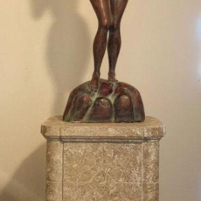 Large Hand Carved Sculpture of a Female Nude with Pedestal - 5.9 ft. Tall with Pedestal; Sculpture 3.2 ft Tall 