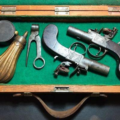 Matched Pair of James Oxborrow Flintlock Muff Pistols, c. 1825 