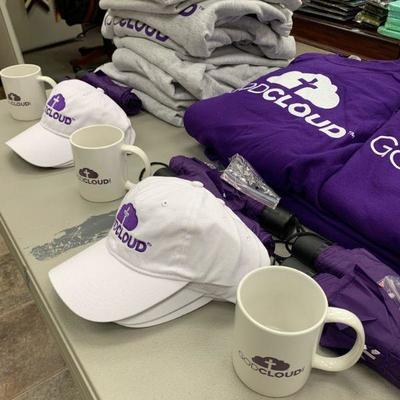Branded shirts, sweatshirts, hats, mugs, umbrellas  