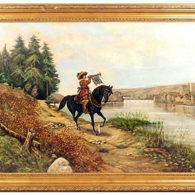 Large 19th c. Figurative Landscape Oil Painting by Robert Assmus Entitled CAVALIER ON HORSEBACK