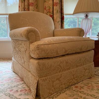 Damask Armchairs, PAIR, with Matching Ottoman
