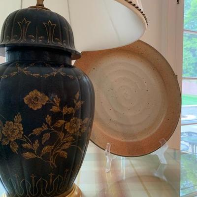 Lamps, Pair, Stoneware Platter Signed Finnegan