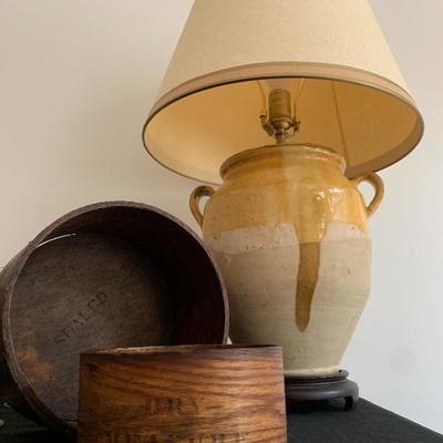 Primitive Bentwood Dry Measure, Antique French Confit Jug Lamp