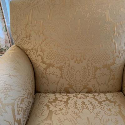 Damask Armchairs, PAIR, with Matching Ottoman