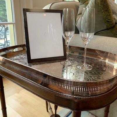 Silver Plate Tray Table, Sterling Picture Frame, Tiffany Flutes