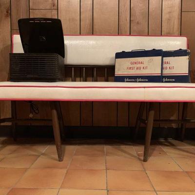 Vintage Vinyl Bench, Vintage Johnson and Johnson First Aid Kits 
